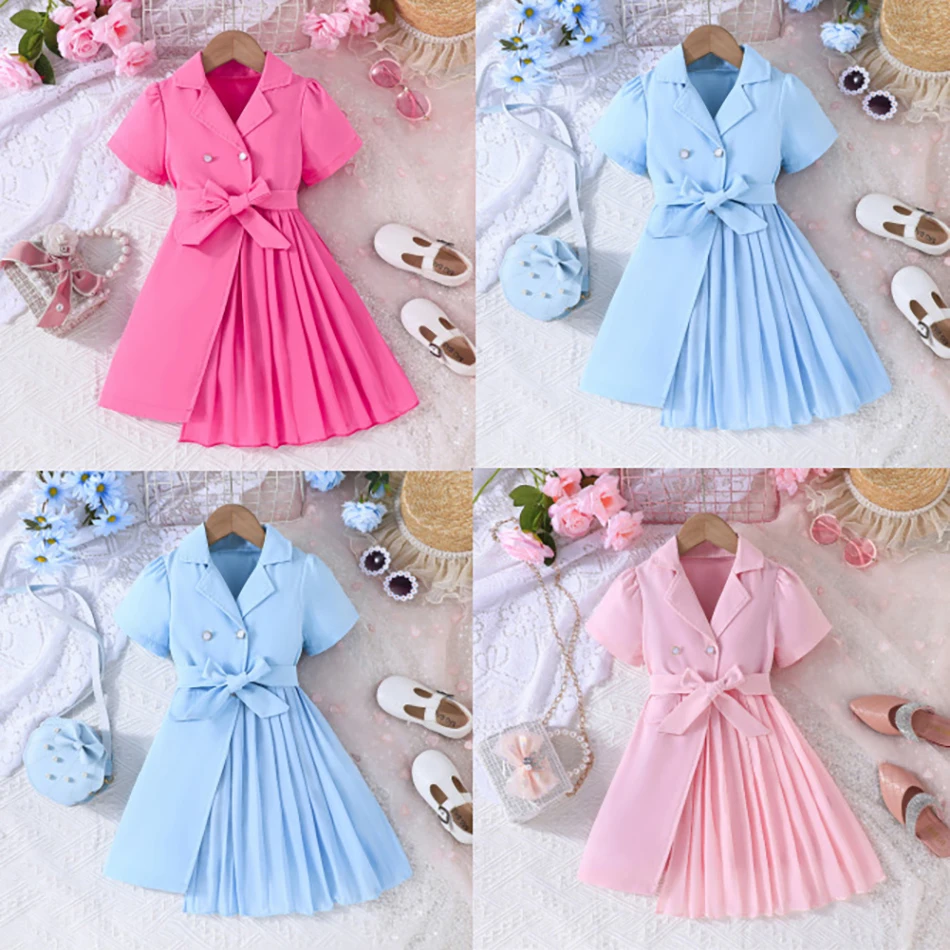 Stunning Summer Fashion Little Girls Chiffon Belted Suit Casual Dress with Puff Sleeves Perfect for Refreshing and Elegant Look