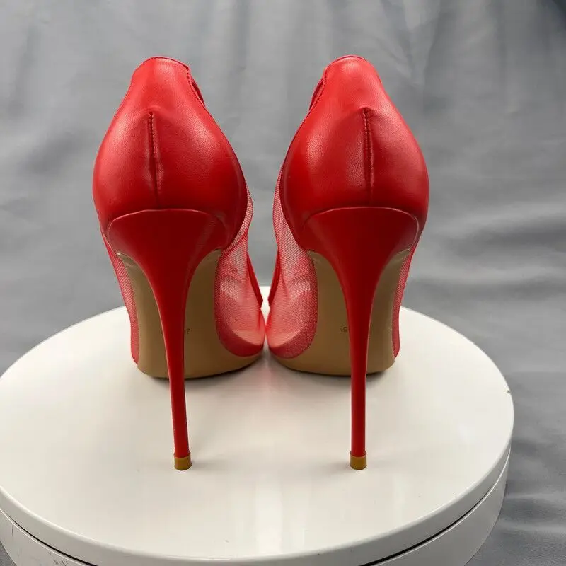 Tikicup Red Matte Women Summer Gauze Transparent Pointy Toe High Heel Shoes for Wedding Party Elegant Ladies Stiletto Pumps