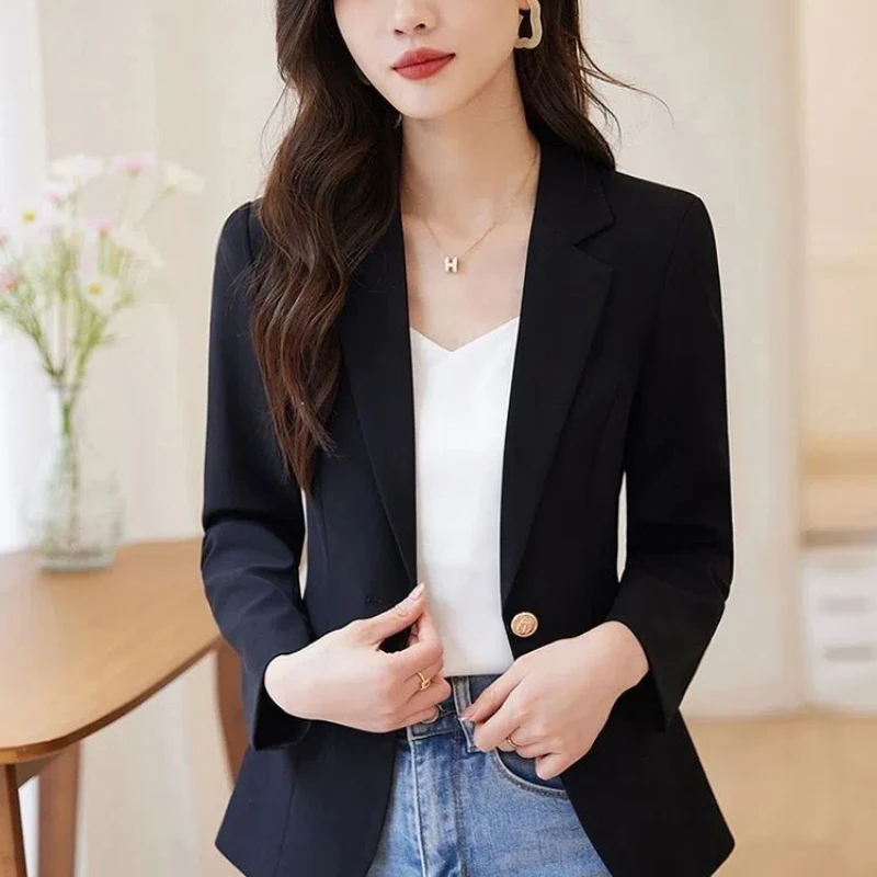 Women\'s Clothing Turn-down Collar Blazer Solid Color Button Up Cardigan Spring Autumn Shirt Coats Suits Office Lady Chic Tops