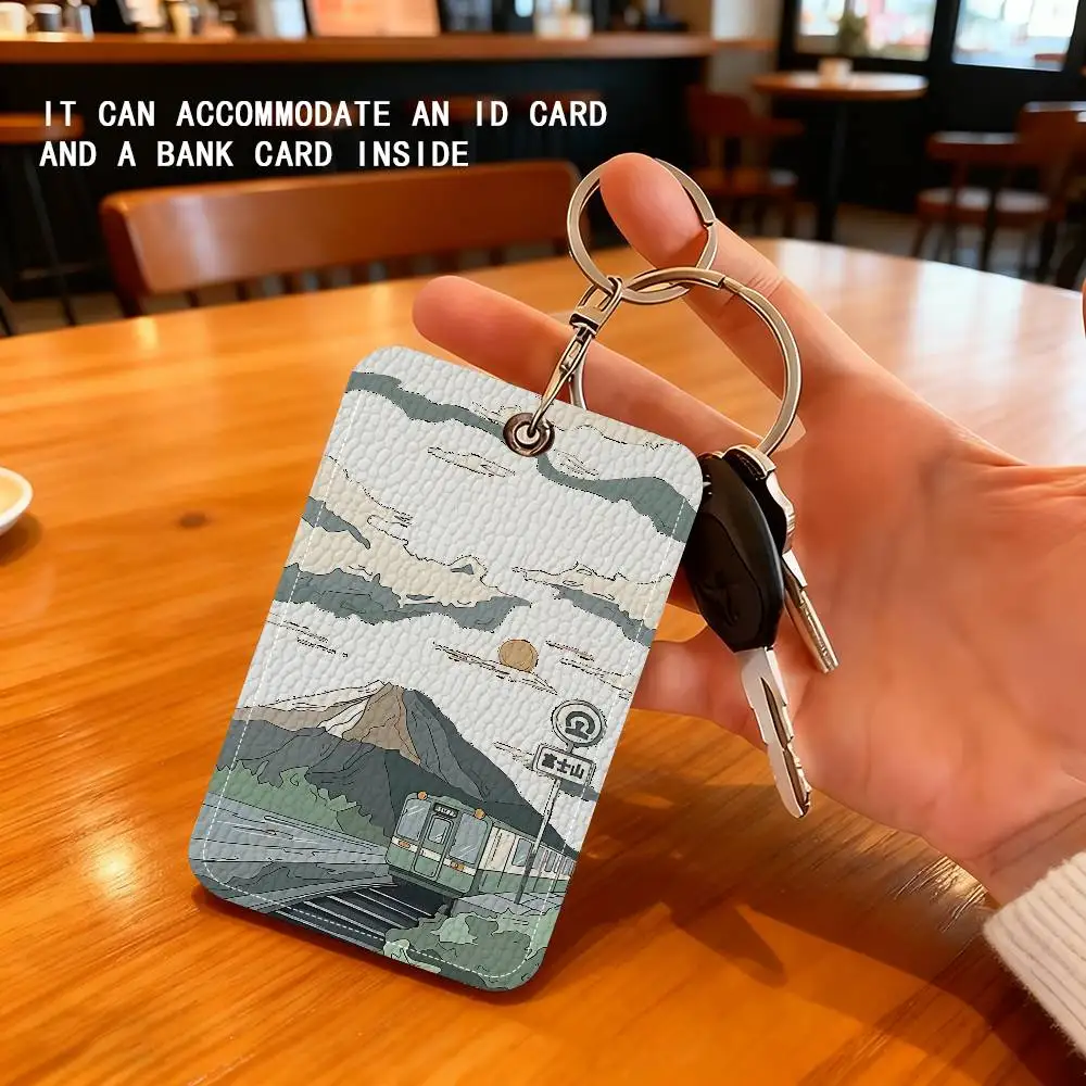 Japanese Mount Fuji Train PU Soft Leather Rectangular Keychain Card Holder, Badge Student ID Bus Elevator Card Protector