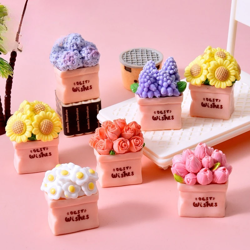 Mini Flower Pot Plant Sunflower Rose Resin Diy Desktop Car Small Miniatures Ornaments Cream Glue