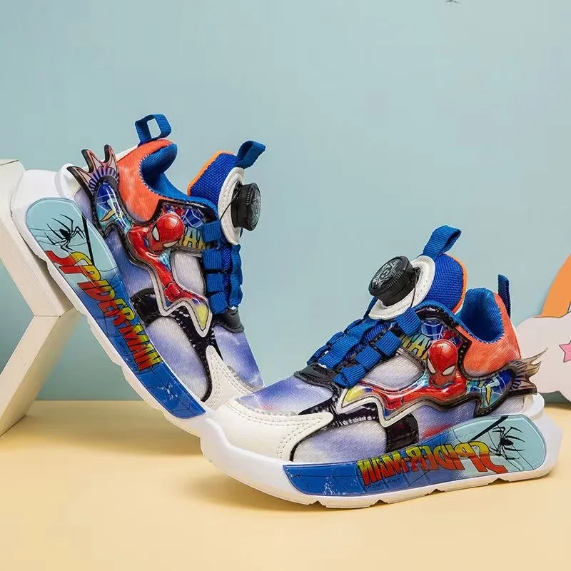 Spring Baby Boys Led Light Shoes Cartoon Spiderman Print Kid Luminous Sneaker Rotating Button Children Casual Sport Shoes 26-37