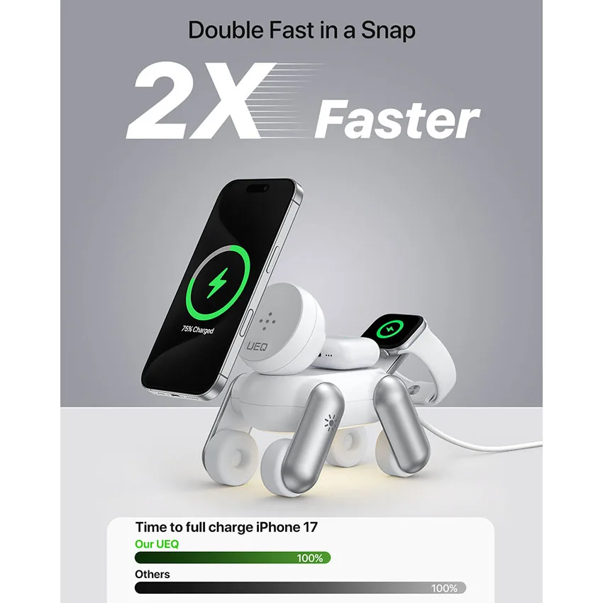 3W 5W 15W D6 Robot Dog Wireless Charger Foldable Phone Snap Charger Stand with LED Faster Dog-shape Charging Dock For IOS Series