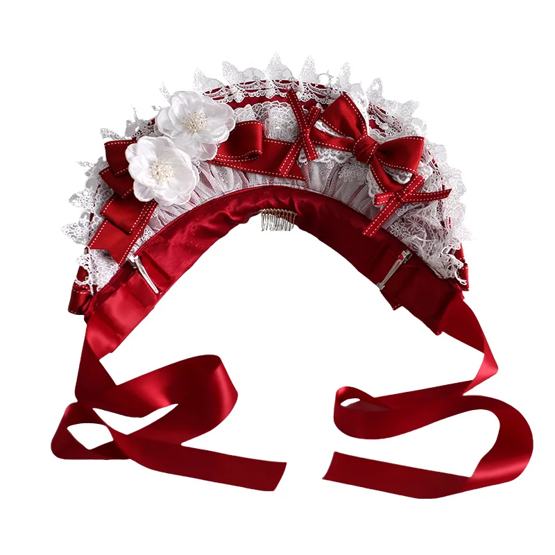 Lolita Girls Rose With Long Ribbon hearwear headband Top Hat with hairbins Anime Maid Cosplay Headdress