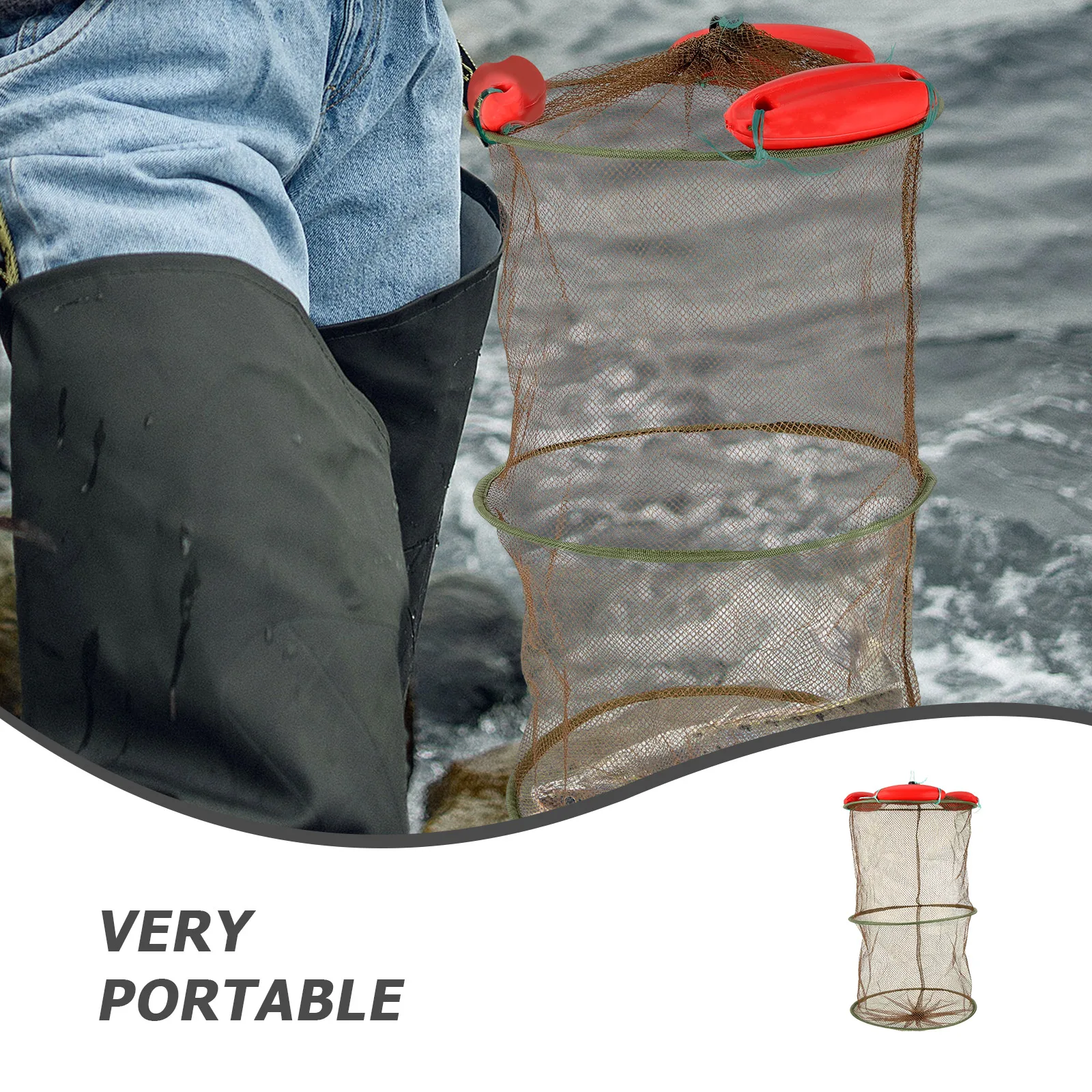 

Coffee Brown Fish Guard Net Thick Mesh Three Floats Portable Foldable Fishing Supplies Large Capacity Minnow Net