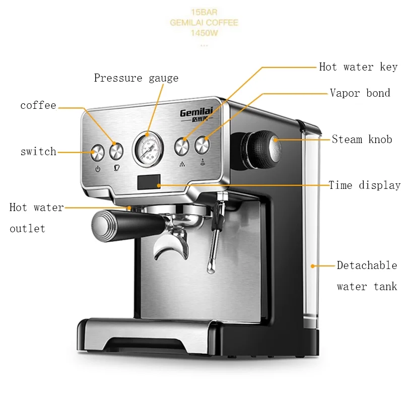 15 Bar Italian Coffee Machine Stainless Steel Steam Semi-automatic Milk Bubble Espresso Coffee Maker Commercial CRM3605