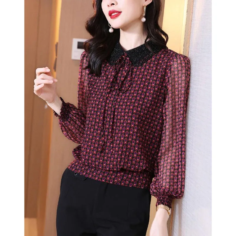 

2023 New Autumn and Winter Fashionable Western Dots Show Thin and Unique Lace Up Long Sleeve Temperament Commuter Women's Top