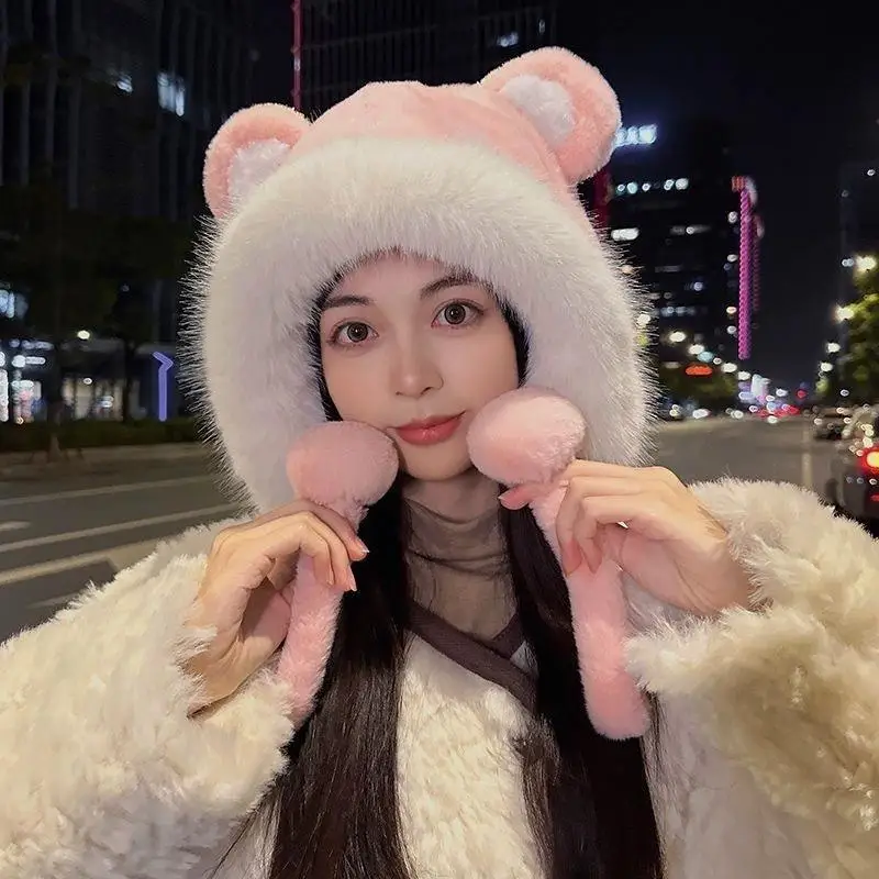 Chapeau en peluche oreilles d'ours pour femmes, Style doux et mignon, chaud, assorti avec tout, cheveux inclus Lei Feng, casquette ronde à bord court, 2025/2026