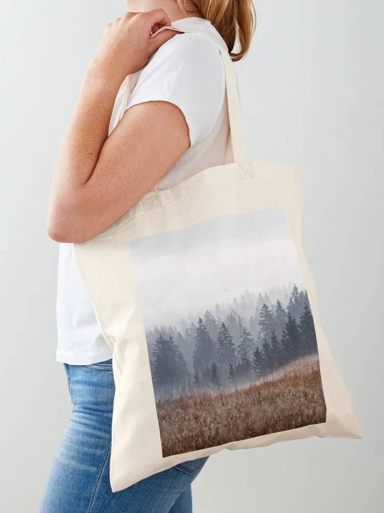 Lost In Fog // Misty Morning Landscape Autumn Wilderness Forest Waves With Cascadia Trees Covered In Magic Act Blue Lig Tote Bag