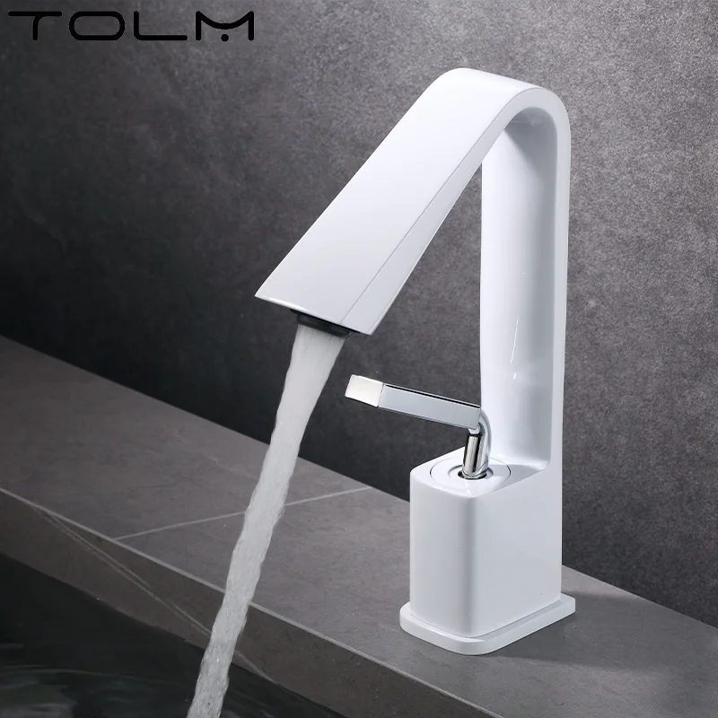 TOLM Creative Single Hole Bathroom Sink Faucet Single Handle Lavatory Copper Bathroom Faucet Grey Black Brass Hot Cold Mixer Tap