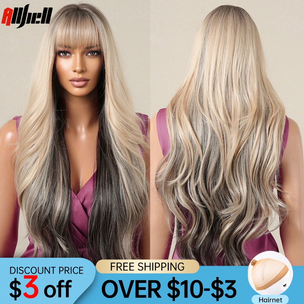 

Синтетические длинные смешанные светлые Темно-коричневые волосы парики с челкой натуральные волнистые повседневные парики для черных женщин термостойкие волосы для Хэллоуина