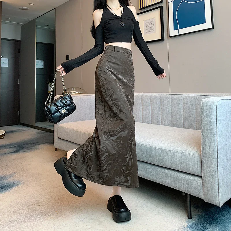 2024 Autumn Winter New Retro Pu Leather Midi Long Skirt Straight Split Skirt Goth