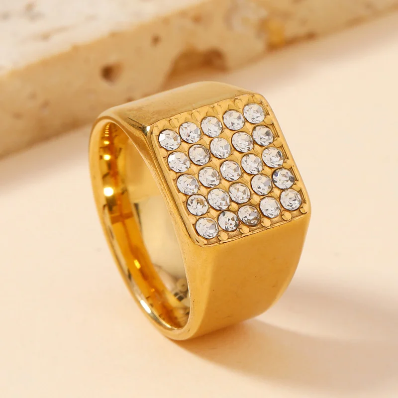 14mm Delicate Shiny Cubic Zirconia Signet Ring for Men Square Stainless Steel Finger Band Gothic Punk Rock Boy Stamp Jewelry view 3