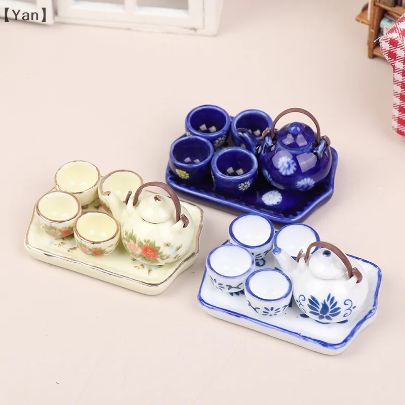 Mini théière en céramique pour maison de poupée, ensemble de Table à thé, décoration de salon, accessoires pour maison de poupée, 1/12