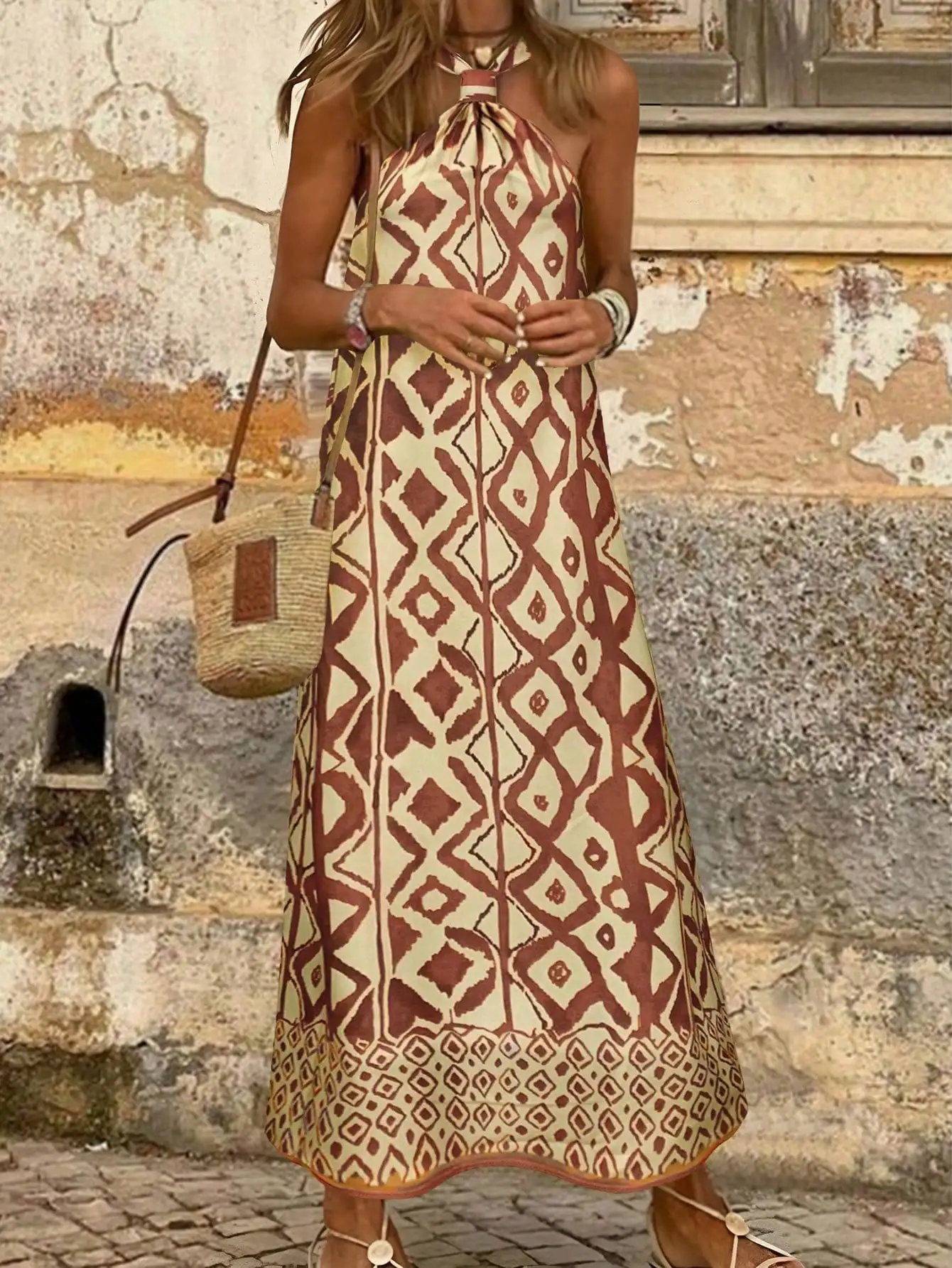 Womens Boho Geometric Print Halter Neck Maxi Dress Sleeveless Backless High Split Summer Beach Vacation Long Dress