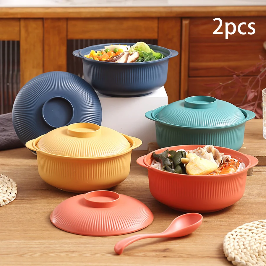 Juego de 2 Tazones de Barro con Patrón Vertical y Tapa, Tazón para Fideos Instantáneos con Diseño de Doble Asa para Evitar Quemarse las Manos