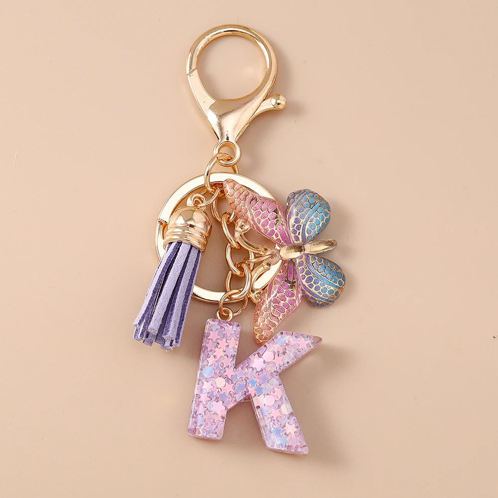 Pretty Alphabet Initials Letter Keychain Women Girls Tassels Butterfly Key Ring Pendant for Handbag Decor Handmade Jewelry Gift