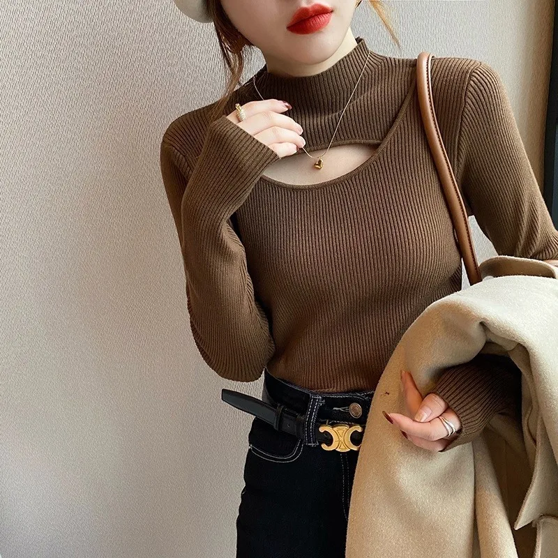 2023 New Bottoming Shirt Women Hollowed-out Sweater Semi-high Collar Temperament Mid-neck Top Long-sleeved T-shirt Sweater