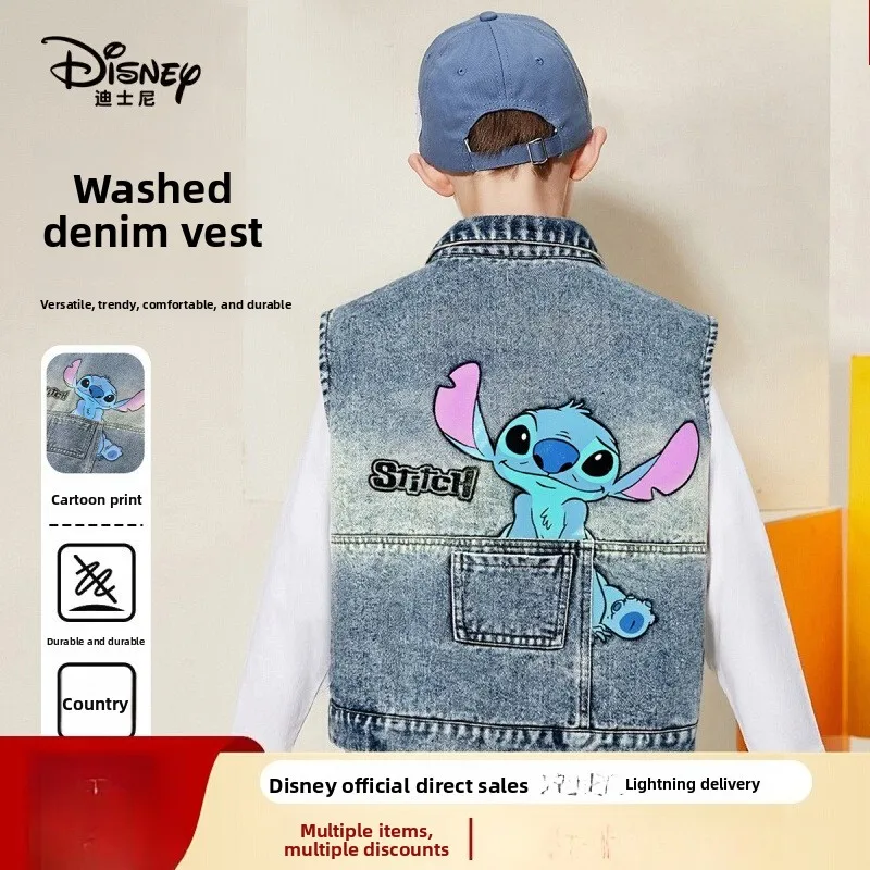 

Disney Stitch Denim Vest 2025 - Cartoon Sleeveless Jacket for Boys & Girls