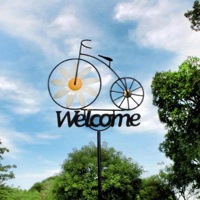 Outdoor Iron Sunflower Windmill Creative Garden Welcome Stake Ornament Bicycle Wind Spinners Garden Yard Lawn Windmill Decor