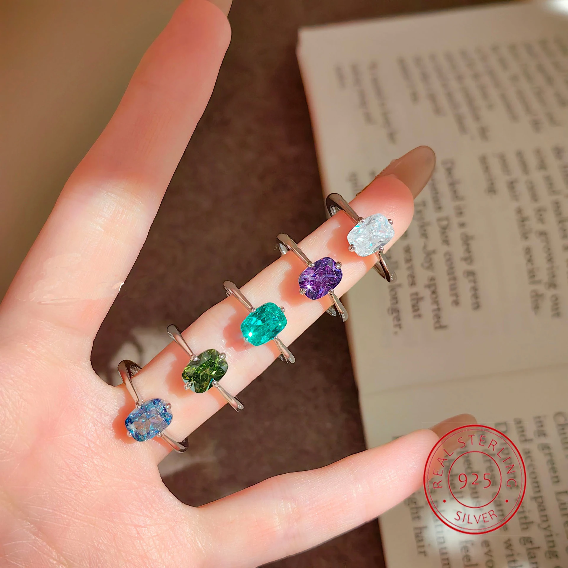 Colorful Oval Green Stone Stacking Thin Rings For Women 925 Silver Minimalist Zircon Adjustable Wedding Bands Finger Jewelry