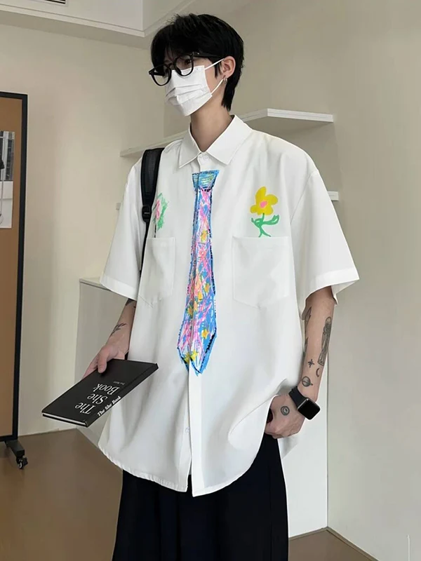 White Hand-Painted Graffiti Tie Shirt Men's Short Sleeve Summer College Style DK Jacket CleanFit Youthful Shirt Floral Pattern