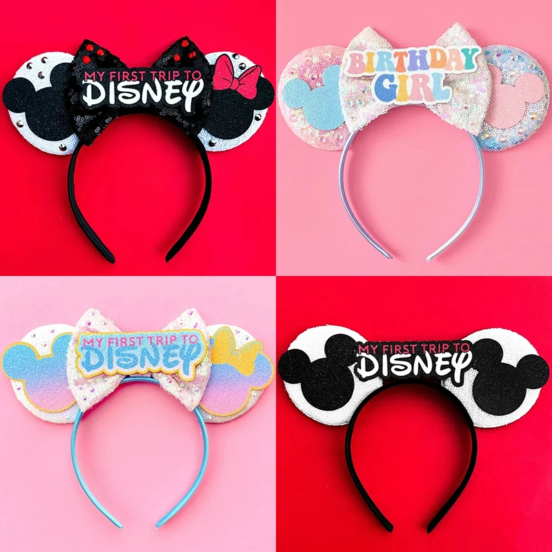 

MY FIRST TRIP TO Disney Mickey Mouse Ear Headband for Adults Happy Birthday Bows Hairband Kids Headwear Women Hair Accessories