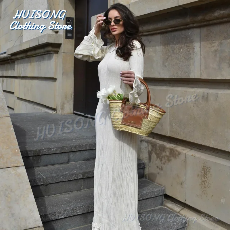 

Flare Sleeve Round Neck White Maxi Dress Women 2024 Autumn Fashion Lace Up Elegant Long Dresses Female High Street Beach Robes