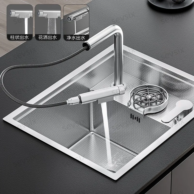 Stainless Steel 5240 Kitchen Sink with Pull-Out Faucet & Drainer Board, Modern Design for Easy Cleaning & Food Prep