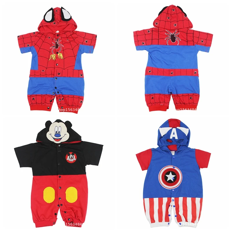 Summer Newborn Clothes Baby Boy Romper Cartoon Mickey Captain America Spiderman Print Short Sleeve Jumpsuit Girl Hooded Outfits