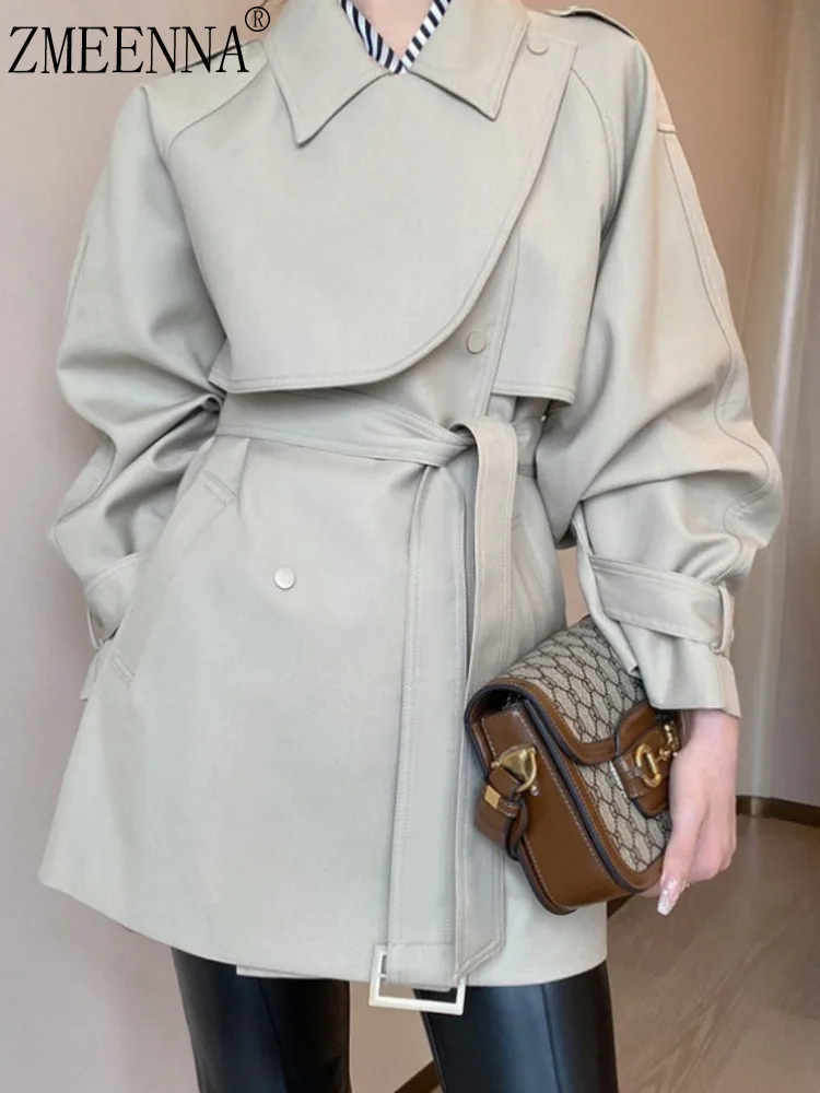 

ZMEENNA Women's Chic Double Breasted Short Trench Coat With Belted Waist And Storm Flap Stylish Solid Color ZM3777