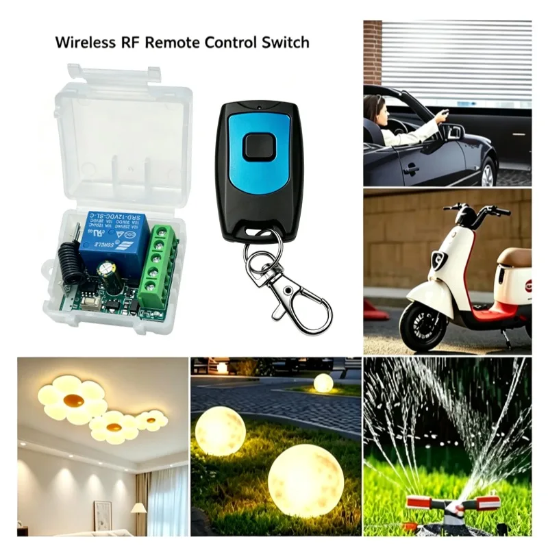1CH 433MHz RF Relay Receiver Wireless Remote Control Switch with Keychain Transmitter for Garage Gate Motor Light 12V 24V System