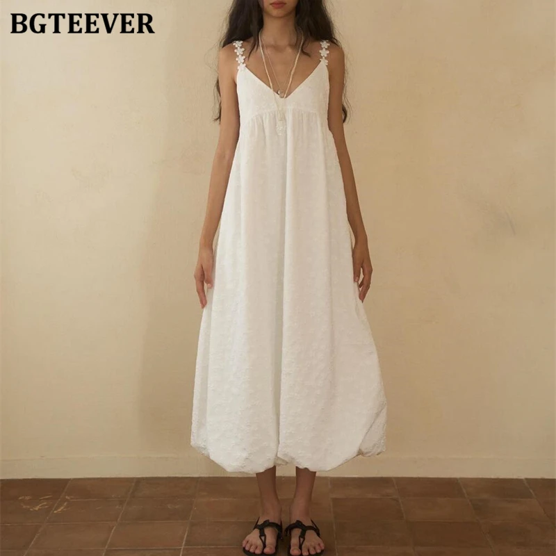 

BGTEEVER Stylish V-neck Loose Female Spaghetti Strap Backless Vest Dress Summer Casual Ladies Sleeveless A-line Dress