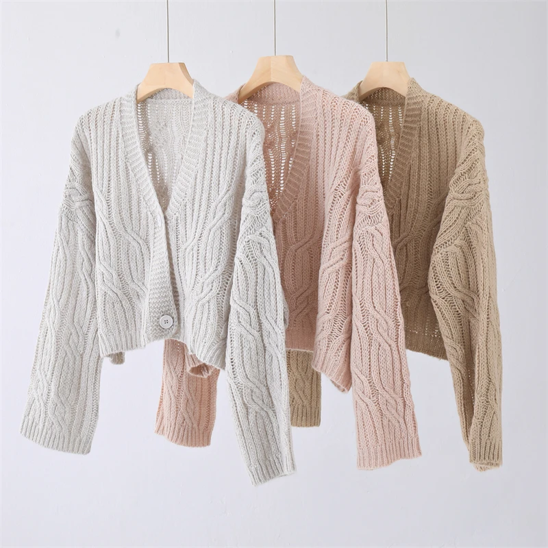 Vintage sweet Fried Dough Twists knitting sweater cardigan thin V-neck short top women's spring and autumn loose wool coat