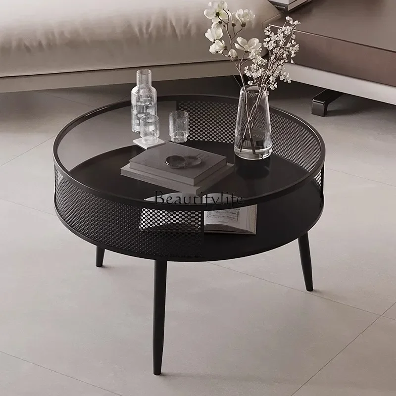

1Cream Style Glass Round Small Coffee Table Light Luxury Simple Tea Table for Small Apartments