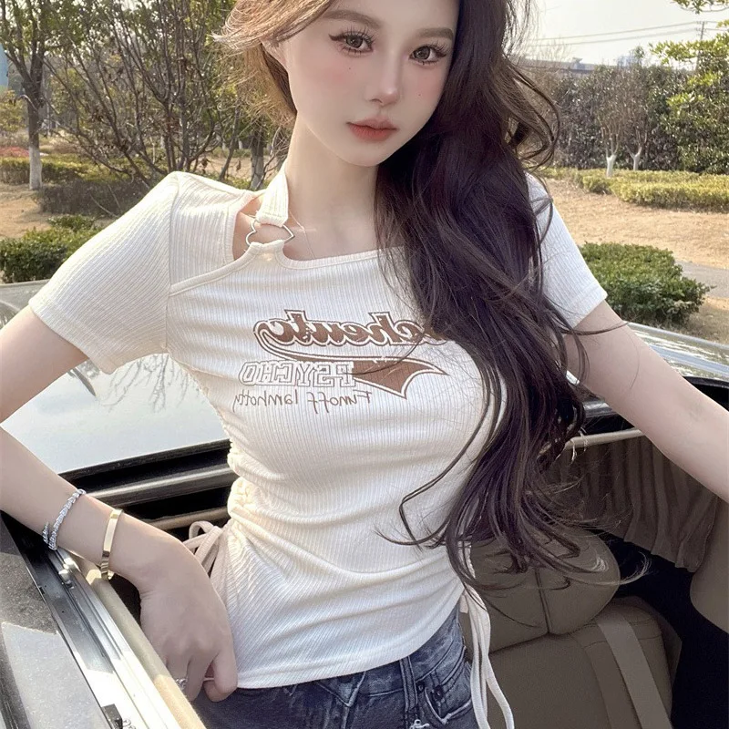 2024 Summer Women Sexy Outside Party Tops Lady Irregular Hanging Neck Short Sleeved T-shirt Female Apricot Y2k Designer Clothes