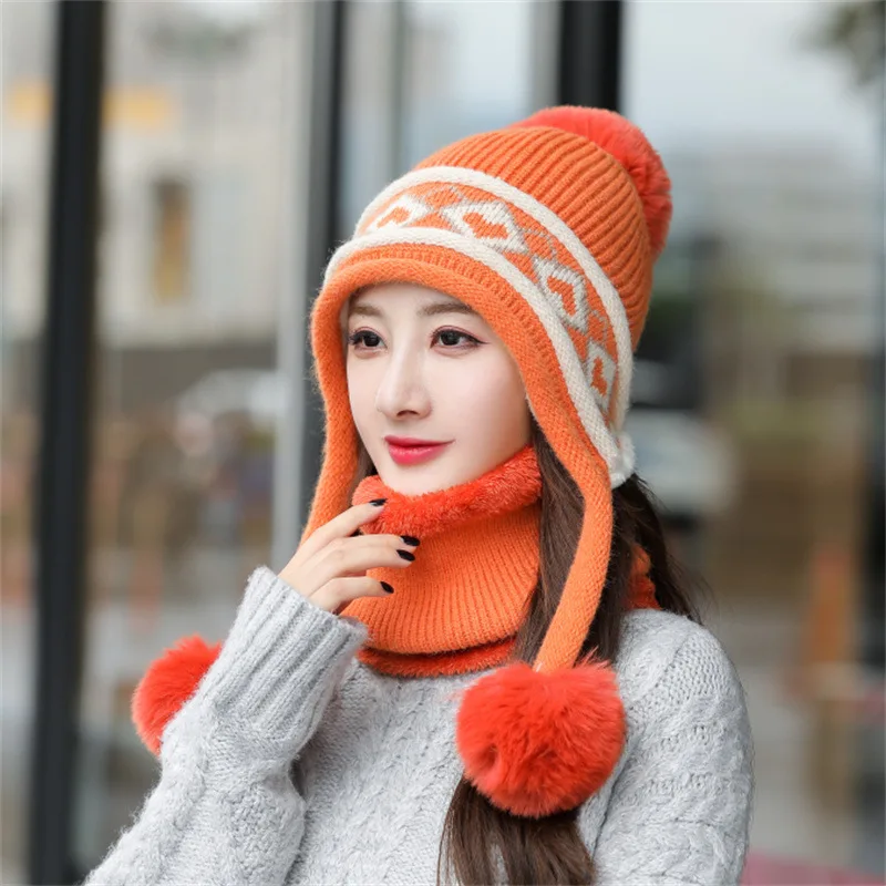 New Winter Plush Warm Wool Peruvian Hat Sweet Cycling Bib Suit Knitted Cap Double Pompon Hat Chunky Cable Knit Earflap Crochet