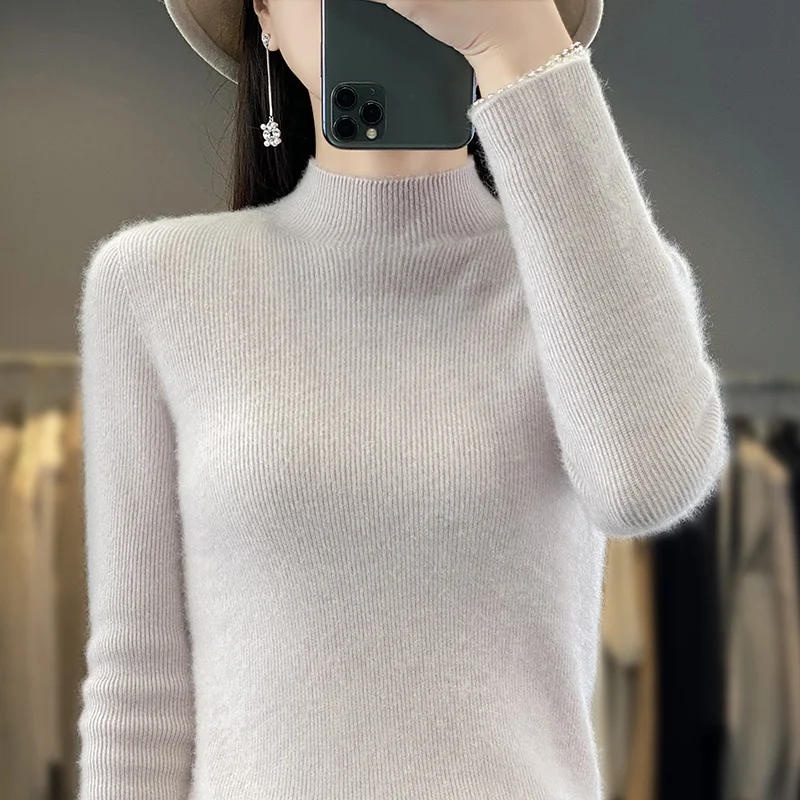 Autumn Winter New Woolen Sweater Women's Half High Neck Long Sleeve Pullover Temperament Solid Color Versatile Knitted Sweater