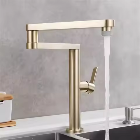 Tuqiu Brushed Gold Pot Filler Tap Deck Mounted Foldable Black Kitchen Faucet Hot Cold Sink Tap Rotate Folding Spout Gold Brass