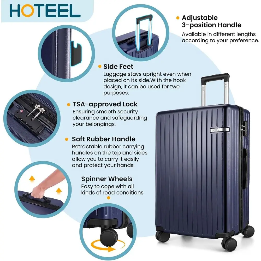 3-Piece Spinner Luggage Set with TSA Lock, 20 ABS+PC Hard Shell Carry-On Suitcase for Travel, Dark Blue