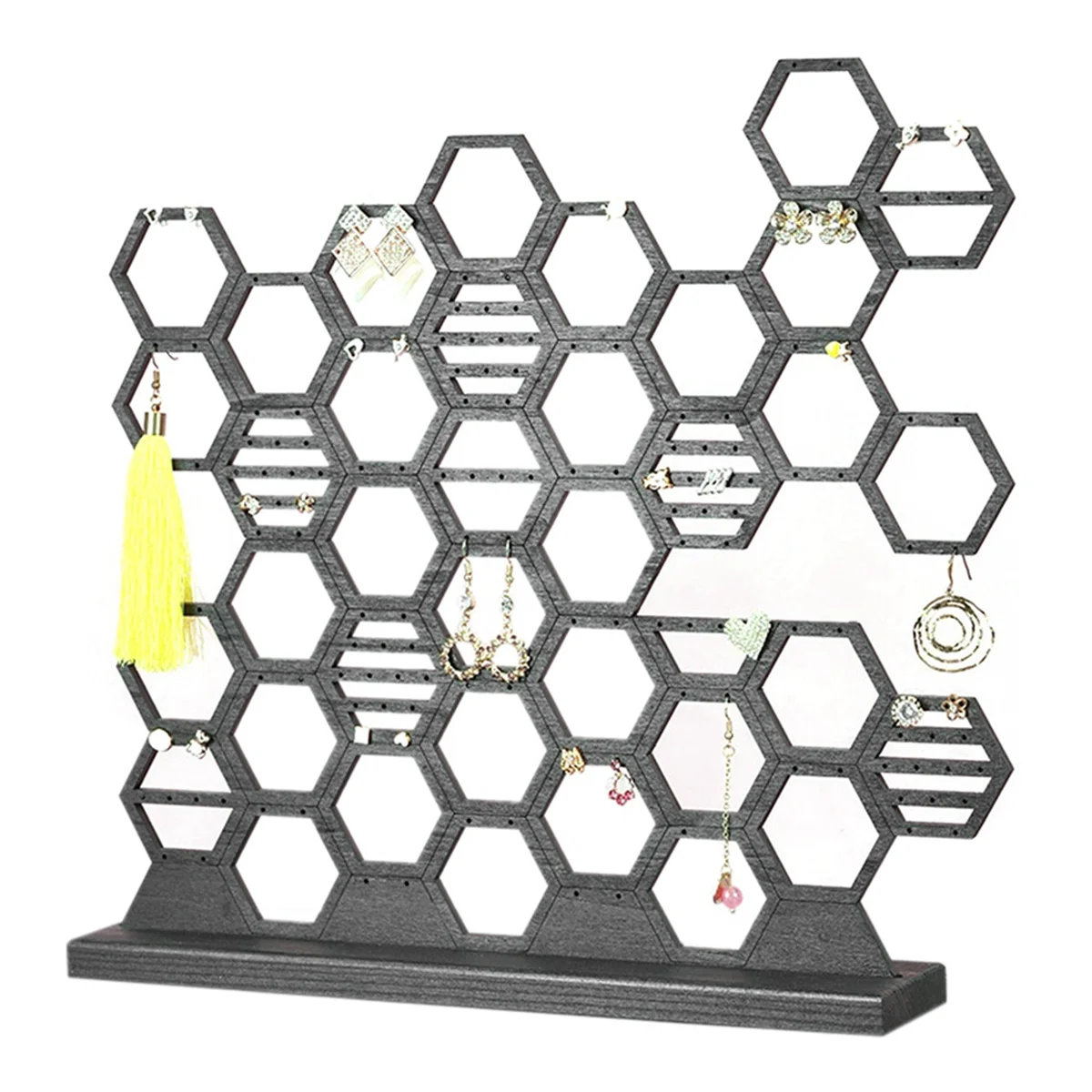 

AB72-Honeycomb Grid Shelf Деревянная стойка для ювелирных изделий Вертикальный настольный аксессуар для хранения сережек Стеллаж для выставки товаров Держатель для сережек Черный