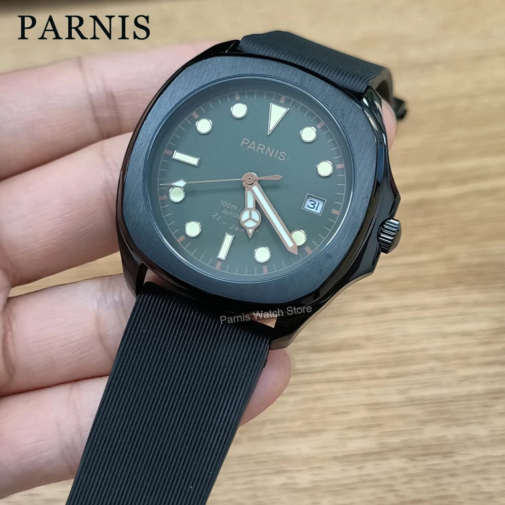 

Мужские наручные часы Parnis 39 мм Miyota8215, механические автоматические часы, светящийся черный корпус, зеленый циферблат с кожаным ремешком