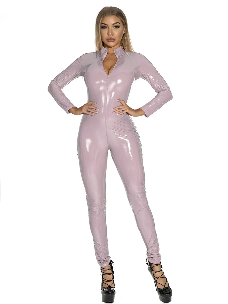 Shiny Patent Leather Costume Clubwear PU Mirror Lingerie Party Pole Dancewear Women's Zipper Crotch Nightclub Jumpsuit Playsuit