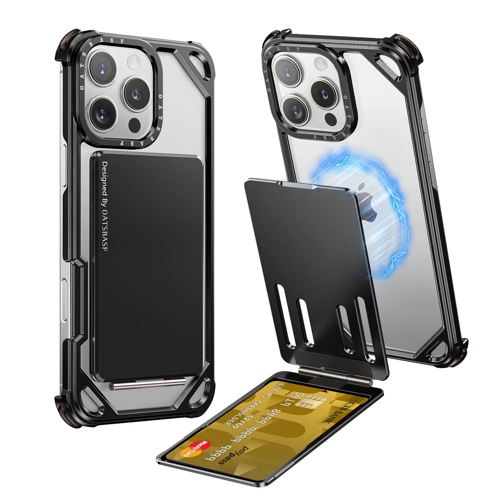 

Безрамный металлический чехол для телефона Oatsbasf для iPhone 16 Pro/Pro Max, минималистичный противоударный чехол с металлической подставкой, магнитный держатель для карт