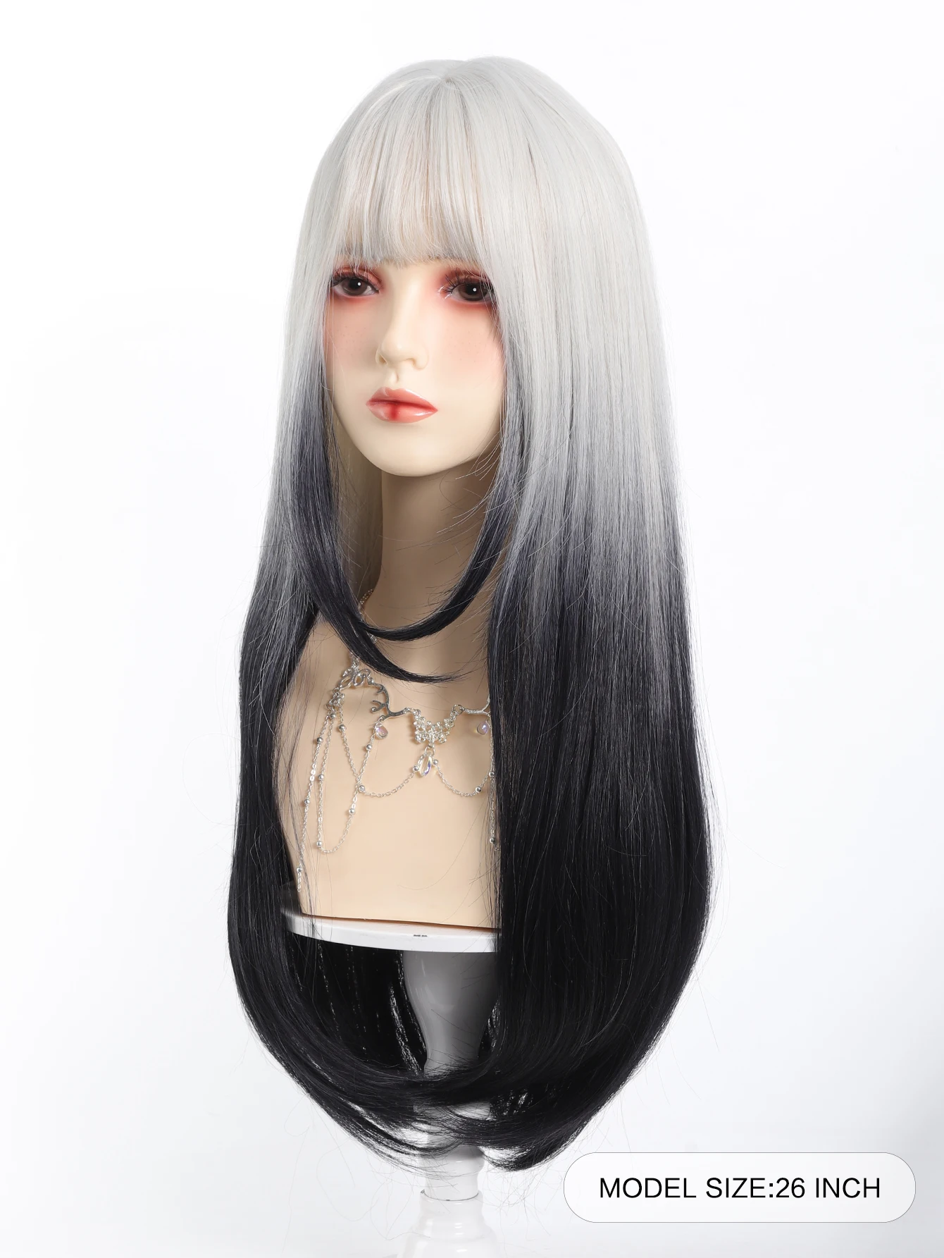 OLACARE Ombre Gray White Black Long Straight Synthetic Wigs with Bangs Cosplay Wig for Women High Temperature Natural Fake Hair