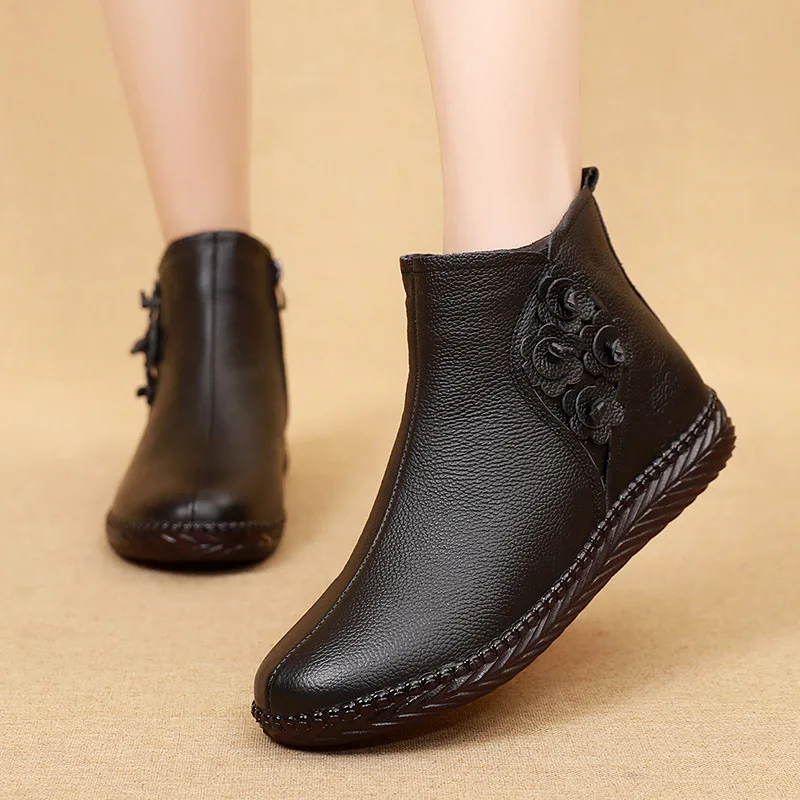 2024 Winter Women Shoes Woman Genuine Leather Flat Ankle Boots Women Waterproof Causal Warm Snow Boots Mother Non-slip Booties