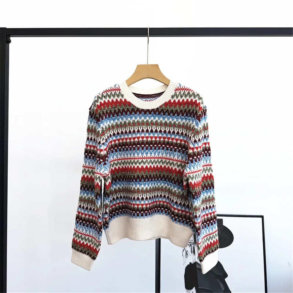 

25. Осень/зима, новый женский свободный шерстяной шелковый вязаный свитер с круглым вырезом и длинными рукавами в полоску с цветными блоками