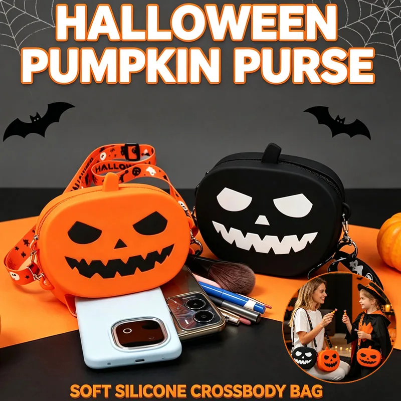 Halloween Pumpkin Shoulder Crossbody Bag Waterproof Silicone Makeup Pouch Devil Messenger Purse Party Tote for Ghost Bash