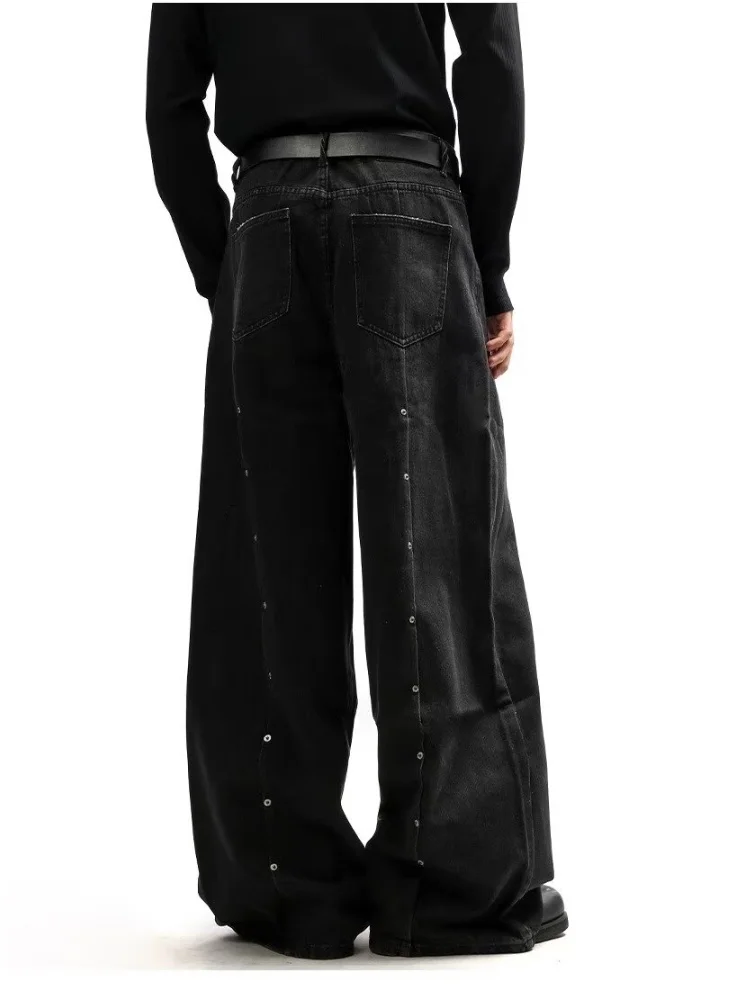 2025 Ropa Y2K نمط برشام تصميم مطوي أسود فضفاض الجينز السراويل للرجال الملابس واسعة الساق مستقيم طويل بنطلون بنطلونات أوم #2