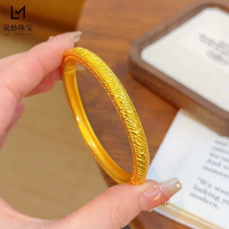 

9999 24K Real Gold Luxury Jewelry Retro Vintage Bangle Solid Gold Brushed Twill Snap Bracelet Gift for Girlfriend